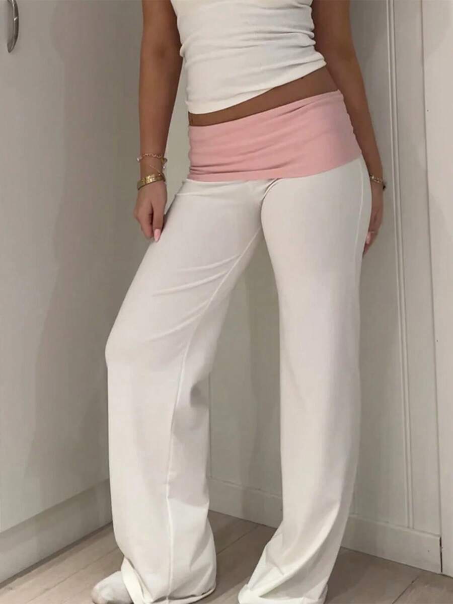 Women's Spring Summer Sports Pants Elastic Band Contrast Color Straight Leg Lounger Pants - trắng - Xem 1