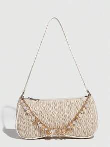 Minimalist Versatile Small Shoulder Bag, Underarm Bag, Baguette Bag, Woven Bag, Women Straw Bag - Beige - View 1