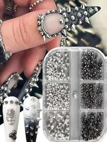 6格Y2K 3D金属铆钉朋克美甲饰品，1盒3D哥特朋克美甲饰品银黑色锥形尖钉美甲珠宝合金迷你铆钉美甲用品美甲配件DIY工艺装饰 - 彩色 - 查看 2