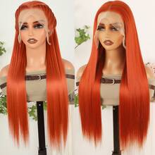 13X6 Free Part Platinum Blonde Lace Front Wigs 28 Inch Pre Plucked Long Straight Hair Wigs Glueless Soft Ash Blonde Colored Wigs Heat Resistant Fiber Hair Synthetic Lace Front Wigs For Women For Daily Christmas Party Cosplay Use - Red Orange - 查看 6