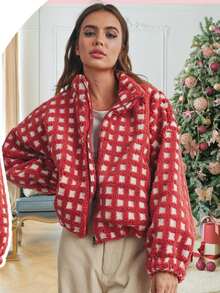 Women's Short Cotton Coat Lightweight Floral Print Long Sleeve Zipper Puffy Cardigan Jacket - 紅色 - 查看 1