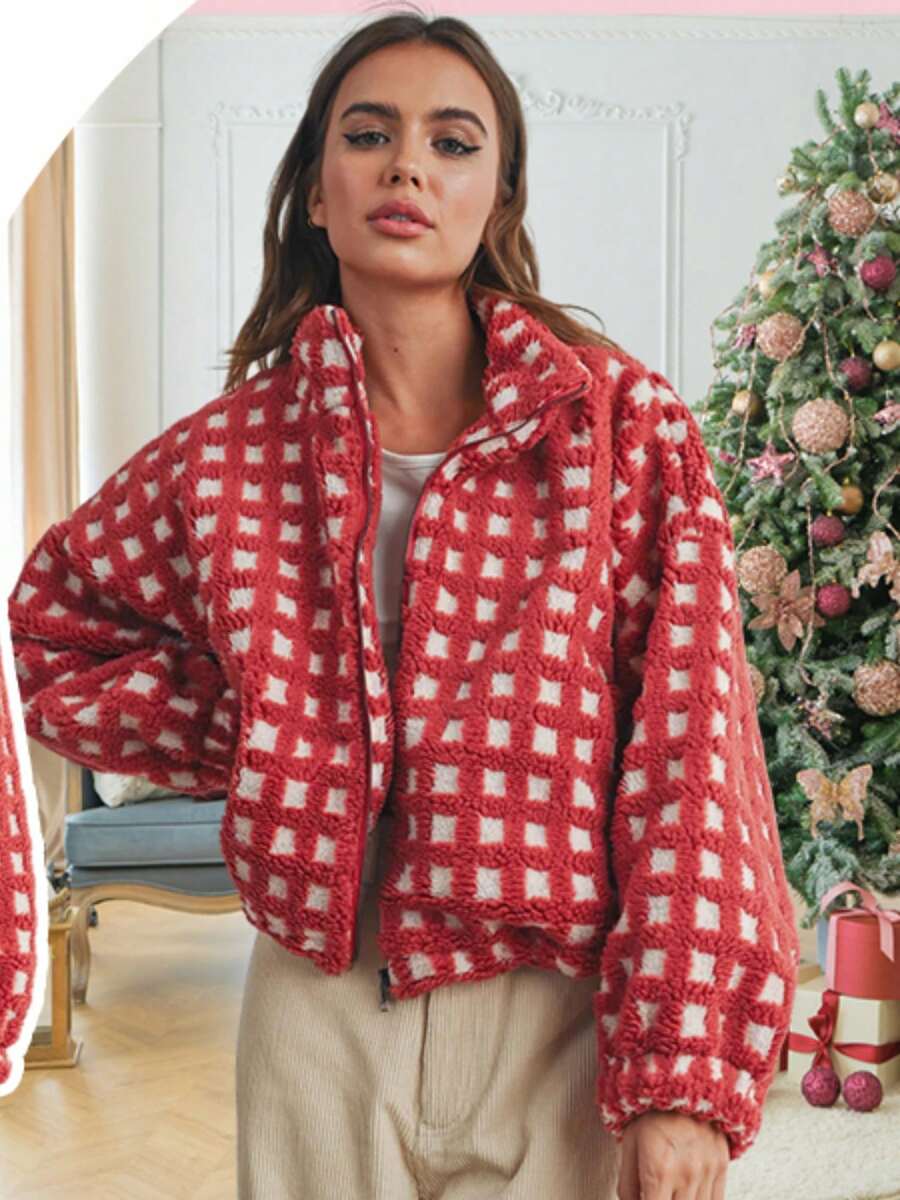 Women's Short Cotton Coat Lightweight Floral Print Long Sleeve Zipper Puffy Cardigan Jacket - 紅色 - 查看 1