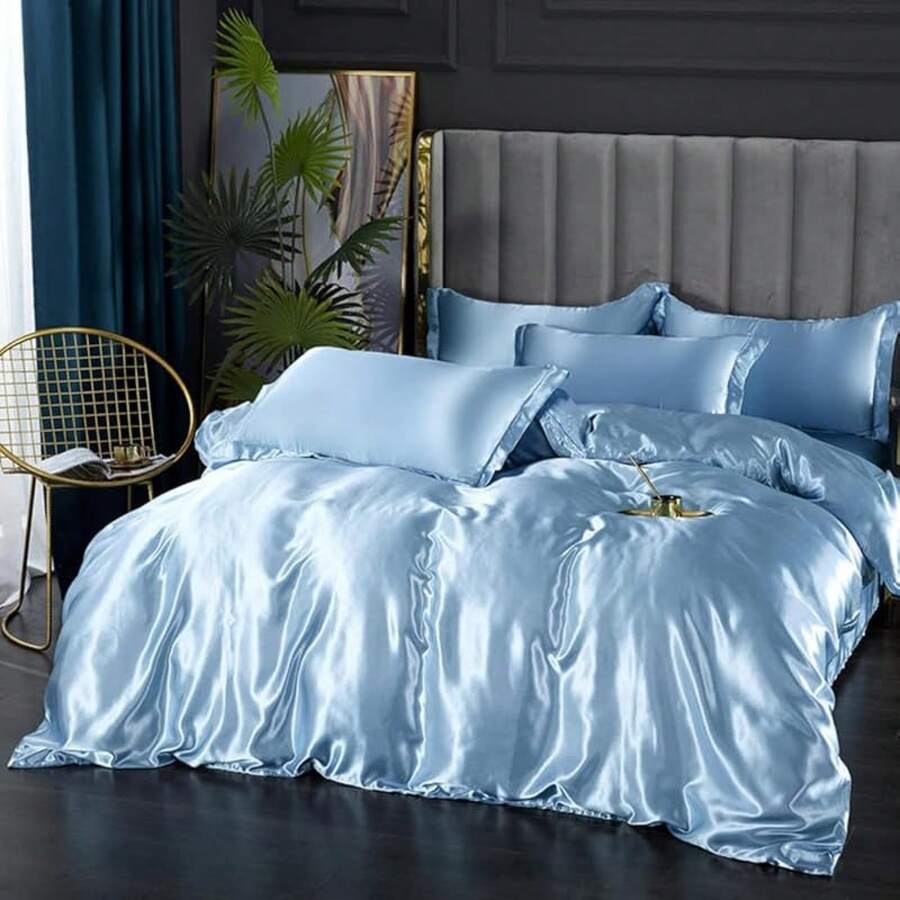 Full Satin Bedding Set In Wine Red, Silk - Like, Luxury Soft Burgundy Comforter Cover, Chic Bedroom Decor, Zippered (1 Duvet Cover + 2 Pillow Cases) - 多色 21 - 查看 1