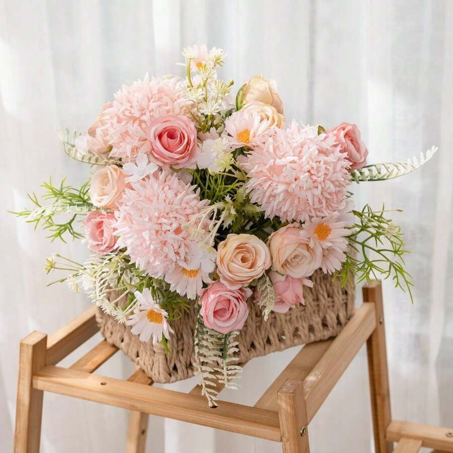 4 Packs Mixed Color Artificial Hydrangea Rose Flowers Bouquets, 11.6in Artificial Silk Flowers Bouquets For Wedding, Home Table Decorations, Wedding Centerpieces Bouquets Flowers Arrangement Decorations Outdoor Decor - 粉色 - 查看 1