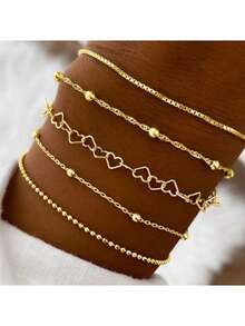 11pcs/5pcs Fashionable Minimalist Heart Beads & Snake Chain Bracelet Set For Women, Suitable For Daily Wear, Gatherings, Parties, Festivals, Gifts