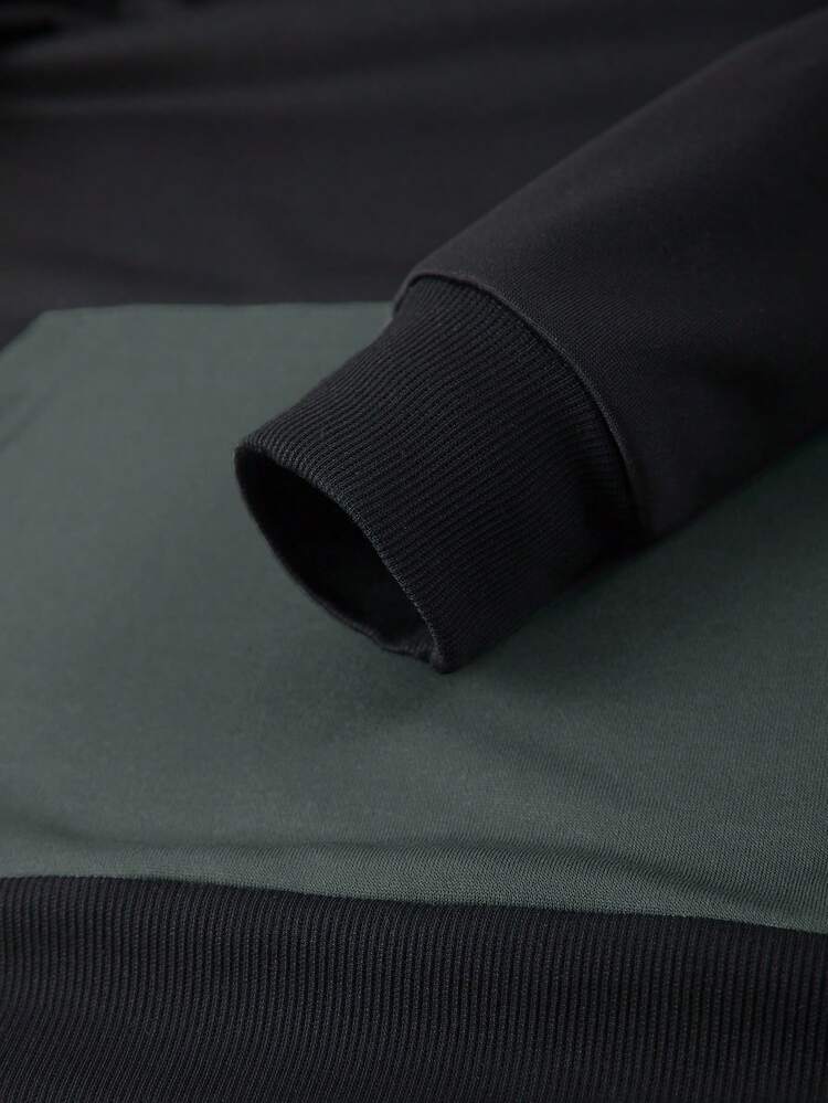 男士薄款未来字母和椰子树印花撞色连帽衫和抽绳腰带裤套装，时尚休闲运动套装，带口袋，适合凉爽的春秋季天气 - 黑色 - 查看 6