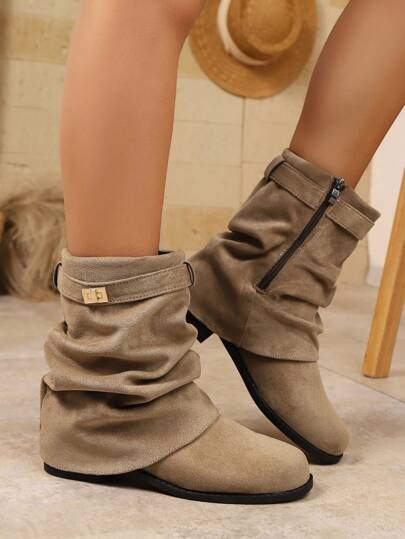 2025 Western Ruched Ankle Boots For Women, Autumn/Winter Vintage Cowboy Riding Boots With Buckle, Holiday Style