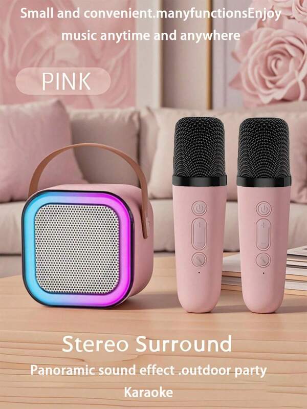 1 pieza Mini máquina de karaoke con 2 micrófonos inalámbricos, set de altavoz con luz RGB inalámbrica portátil, máquina de karaoke para el hogar, micrófono de mano portátil para karaoke, adecuado para reuniones familiares, cumpleaños, juegos interactivos de parejas en casa, regalos del Día de San Valentín, regalos navideños, accesorios para fiestas (estilo de micrófono aleatorio)