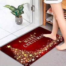 1pc Merry Christmas Indoor Door Mat Floor Mats For Home RV, Front Door Rugs Non-Slip Super Absorbent Mat, Red Black Golden Christmas Tree And Stars