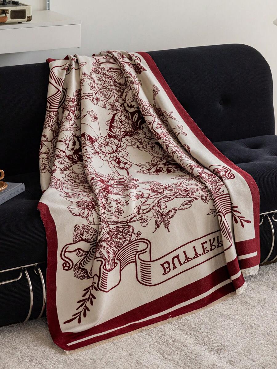 1 件仿羊绒勃艮第波西米亚花卉蝴蝶提花毛毯，温暖披肩，适合办公室沙发、床、户外野餐、宠物罩，日常使用的简单礼物