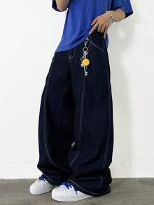 1件套水洗拼布牛仔裤，休闲宽松阔腿裤，复古美式街头风格