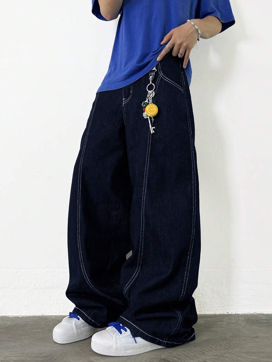 1件套水洗拼布牛仔裤，休闲宽松阔腿裤，复古美式街头风格