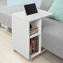SoBuy FBT48-W, Sofa Side Table End Table Coffee Table On Wheels With 2 Storage Shelves & Tablet Holder, White - White - View 8