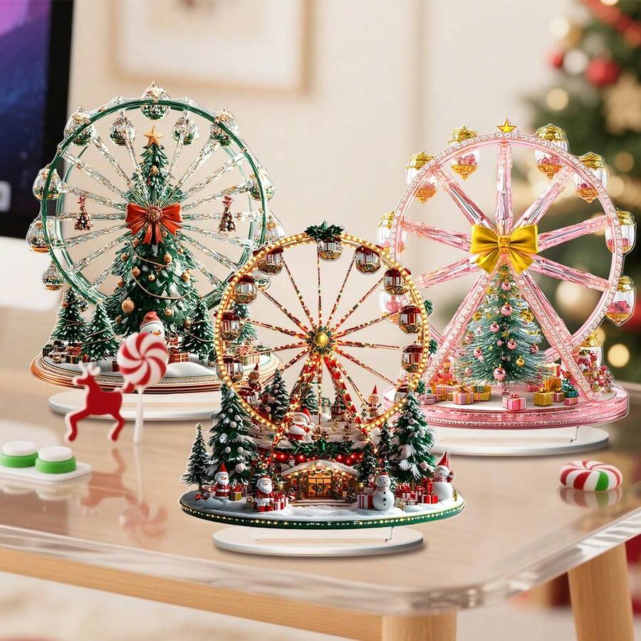 1/3pcs Christmas Ferris Wheel Acrylic Tabletop Ornament,2D Plane Plaque,Party Indoor And Outdoor Tabletop Art,Christmas Gift.