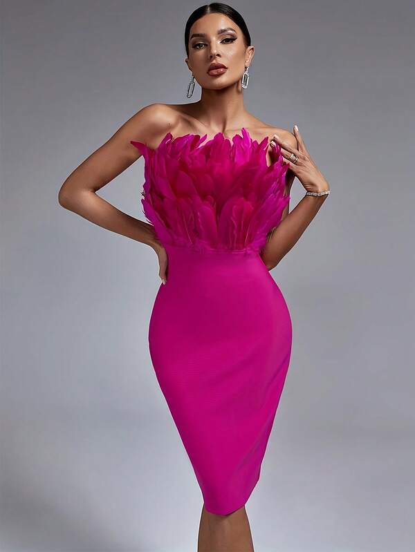Fantasy Strapless Off Shoulder Midi Bodycon Dress Summer Backless Bandage Dress Hot Pink Elegant Cocktail Night Out Party Dress Sexy For Women