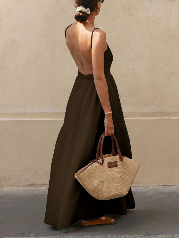 Women's Thin - Strap Sleeveless Solid - Color Bohemian Open - Back Ruffled Hem Dress,Perfect For Resort Vacations & Casual Getaways