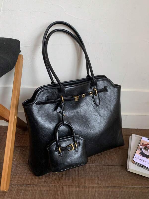 Sac à main élégant et rétro pour femme, sac fourre-tout grande capacité, simple et chic, couleur unie, en PU, bandoulière, boucle en métal, fermeture éclair, léger et pratique, idéal pour les voyages, le shopping et les rencontres. Polyvalent.
