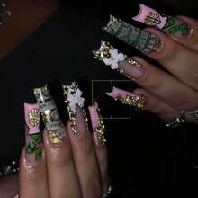 Square Press On Nails Long Fake Nails French Tip False Nails With 3D Bow Designs Long Nail Press Ons Sparkly Artificial Nails Rhinestones Glue On Nails Cute Stick On Nails For Women 24Pcs - 長款-C5C41 - 查看 2