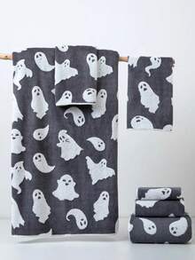1pc Thin Gray Halloween Ghost Jacquard Polyester Bath Towel, Rectangle 70*140cm Or Kitchen/Face/Hand Towel 34*75cm Or Small Towel 34*34cm, Suitable For Men, Women, Couples, Families, All Seasons, Quick-Drying, Absorbent, Soft, Applicable For Bathroom, Hotel, Gym, Holiday Gifts, Party, Beach Shower Towels For Beaty Salon, Hotel Sports,Home Essentials, Towel, Skin Care - Grey - View 1