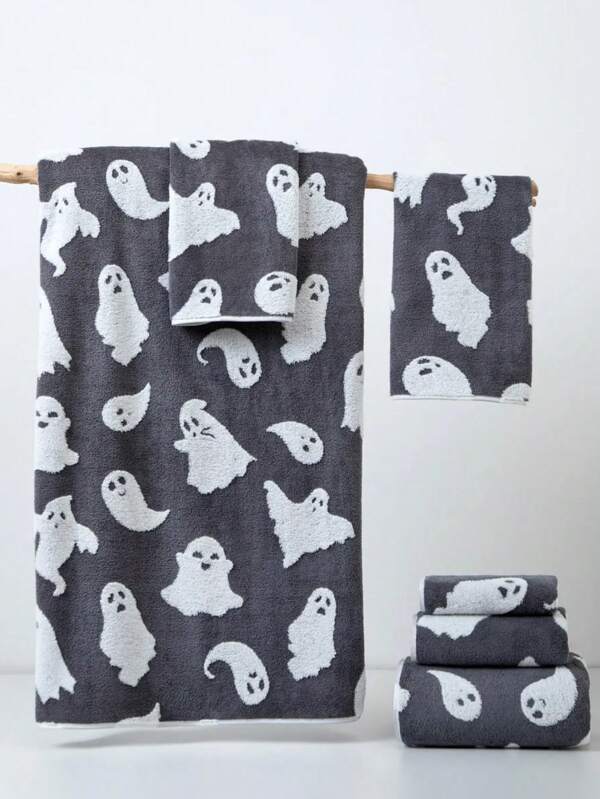 1pc Thin Gray Halloween Ghost Jacquard Polyester Bath Towel, Rectangle 70*140cm Or Kitchen/Face/Hand Towel 34*75cm Or Small Towel 34*34cm, Suitable For Men, Women, Couples, Families, All Seasons, Quick-Drying, Absorbent, Soft, Applicable For Bathroom, Hotel, Gym, Holiday Gifts, Party, Beach Shower Towels For Beaty Salon, Hotel Sports,Home Essentials, Towel, Skin Care