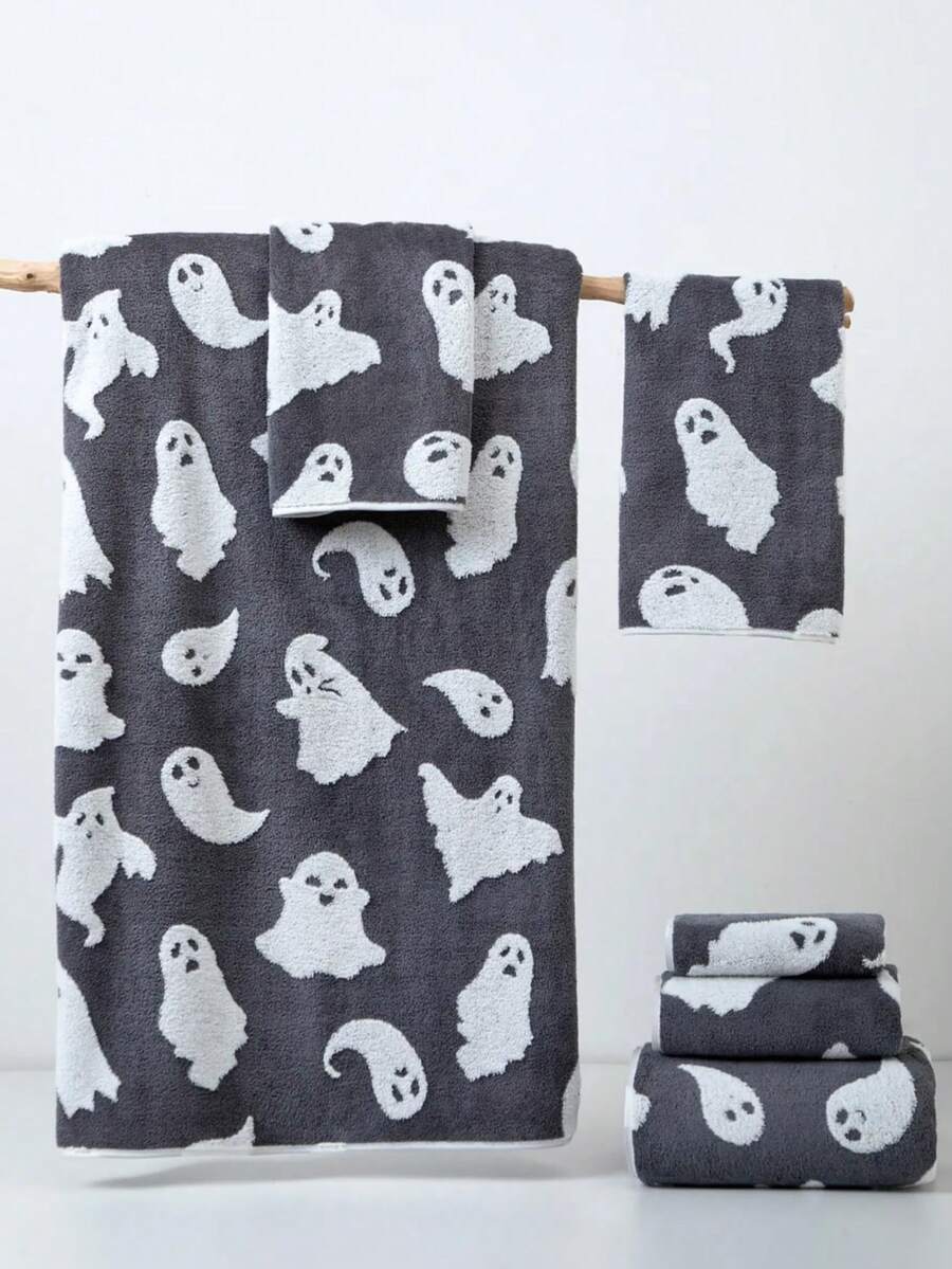 1pc Thin Gray Halloween Ghost Jacquard Polyester Bath Towel, Rectangle 70*140cm Or Kitchen/Face/Hand Towel 34*75cm Or Small Towel 34*34cm, Suitable For Men, Women, Couples, Families, All Seasons, Quick-Drying, Absorbent, Soft, Applicable For Bathroom, Hotel, Gym, Holiday Gifts, Party, Beach Shower Towels For Beaty Salon, Hotel Sports,Home Essentials, Towel, Skin Care - Grey - View 1