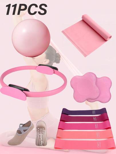 11pcs Yoga And Pilates Exercise Set - Home Fitness Equipment For Women - Includes Booty Resistance Bands, Mini Pilates Yoga Ball, Yoga Socks, Stretch Strap, Strength Training Discs, Yoga Knee Pad. Suitable For Leg, Arm And Thigh Workouts At Home.