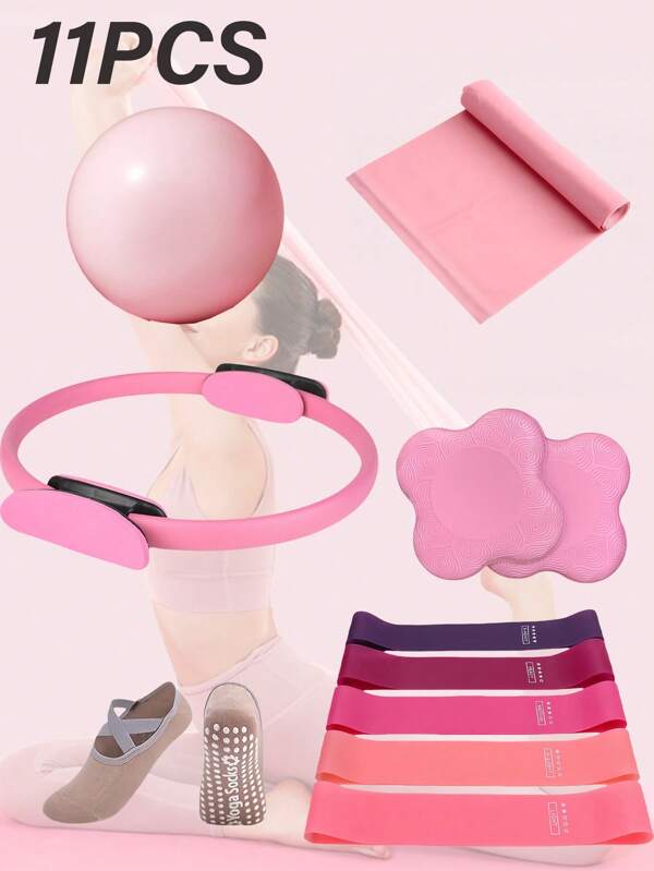 11 ensembles de kits d'entraînement de yoga et de pilates - équipement de fitness pour femmes à la maison - bandes de résistance pour les fessiers, appareils d'étirement, mini-ballons d'exercice de pilates et de yoga, chaussettes de yoga, sangles d'étirement, plaques de force, genouillères de yoga. Convient pour les entraînements à domicile des jambes, des bras et des cuisses, etc.