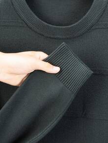 男士圆领商务休闲套头针织衫，适合秋冬季节，长袖上衣 - 墨綠色 - 查看 7