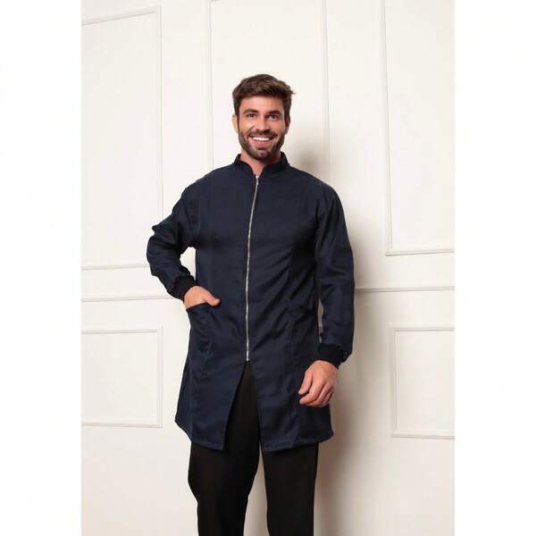 Jaleco Masculino Oxford Premium Zíper Punhos Veneto Azul Marinho