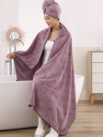 1 Set (90*180cm Bath Towel + 25*65cm Bath Cap) Soft Absorbent Oversized Couple Heart Pattern Towel Set Shower Towels For Beaty Salon, Hotel Sports,Home Essentials, Towel, Skin Care Bath Towel Sheet