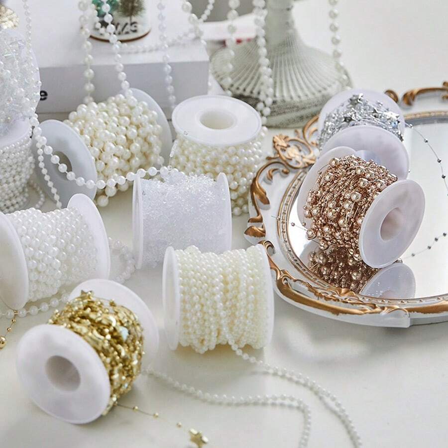 1pc/2pcs (10m/5m) Faux Pearl Beaded Garland Chain, Suitable For Valentine's Day, Wedding, Party, Indoor/Outdoor Home Decor, Gardening Decor, Bridal Shower, Anniversary & Holiday Decor, Christmas Decor And DIY Jewelry Making; Artificial Blue Pearl Beaded Garland Chain, Suitable For DIY Wedding Party Bouquet Decor, Fireplace, Holiday Decor, Crafts, Bead Curtain.