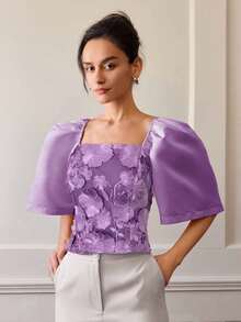 Áo dự tiệc vải đặc biệt thêu thanh lịch dành cho nữ, Áo crop top mùa hè dành cho nữ, Áo công sở thường ngày, Áo tay bồng, đi nghỉ - Màu tím - Xem 5