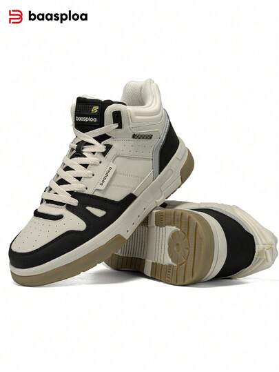 baasploa 1 paire de bottes de neige de sport de rue pour hommes, bloc de couleurs beige & noir, composite multicouche en microfibre, doublure en polaire chaude, semelle épaisse antidérapante, bottes d'hiver décontractées pour l'extérieur