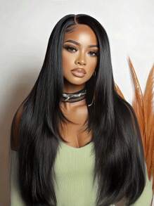 UNice Hair Black Layered Sleek Smooth Straight 13x4 100% Human Hair Lace Frontal Wig With Drawstring Pre Bleached Pre Cut Pre Bleached Invisible Lace Hair With Sophisticated Layer Cuts Zero Lace Edge Natural Look Pre Styled Hairline Unice Wig
