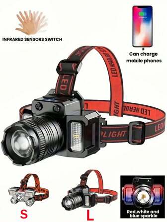 1 个 LED 可充电头灯，超亮聚光灯和泛光灯，可调焦距，360° 可调亮度角度，5 种头灯模式，内置电池 USB 可充电，适合露营、狩猎、钓鱼、徒步旅行 - S/L 尺寸选项