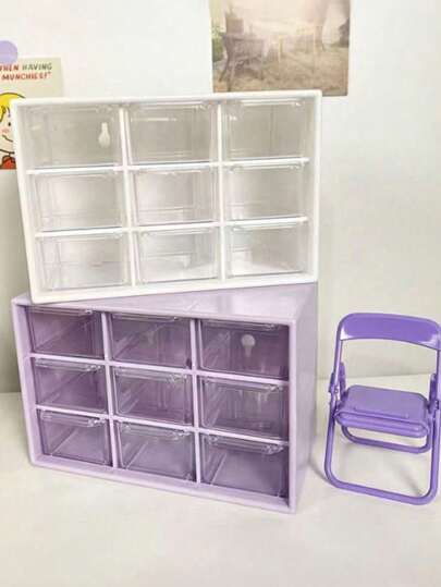1 9-Panel Desktop Drawer Storage Box, Made Of ABS Plastic Material, Transparent Multi Compartment Jewelry And Cosmetics Storage Box, Suitable For Office Supplies, Cosmetics, Jewelry, Earrings, Room Decoration, School Dormitory Decoration, Home Decoration