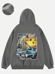484g/m², Sudadera con Capucha para Hombre de Mezcla de Poliéster y Algodón al 50%, Cómoda y Cálida, Sudadera Retro de Coche de Atardecer de California para Hombre - Cómoda, con Patrones Icónicos de la Ruta 66 y Palmeras, Sudadera de Manga Larga, Adecuada para Otoño/Invierno, Adecuada para Principios de Primavera, Otoño y Invierno, Cómoda/Cálida, Impresión de Alta Calidad, Adecuada para Capas o Usar Solo, Casual y Versátil, Disponibles en Múltiples Tallas: S-XXXL - Gris - Ver 4