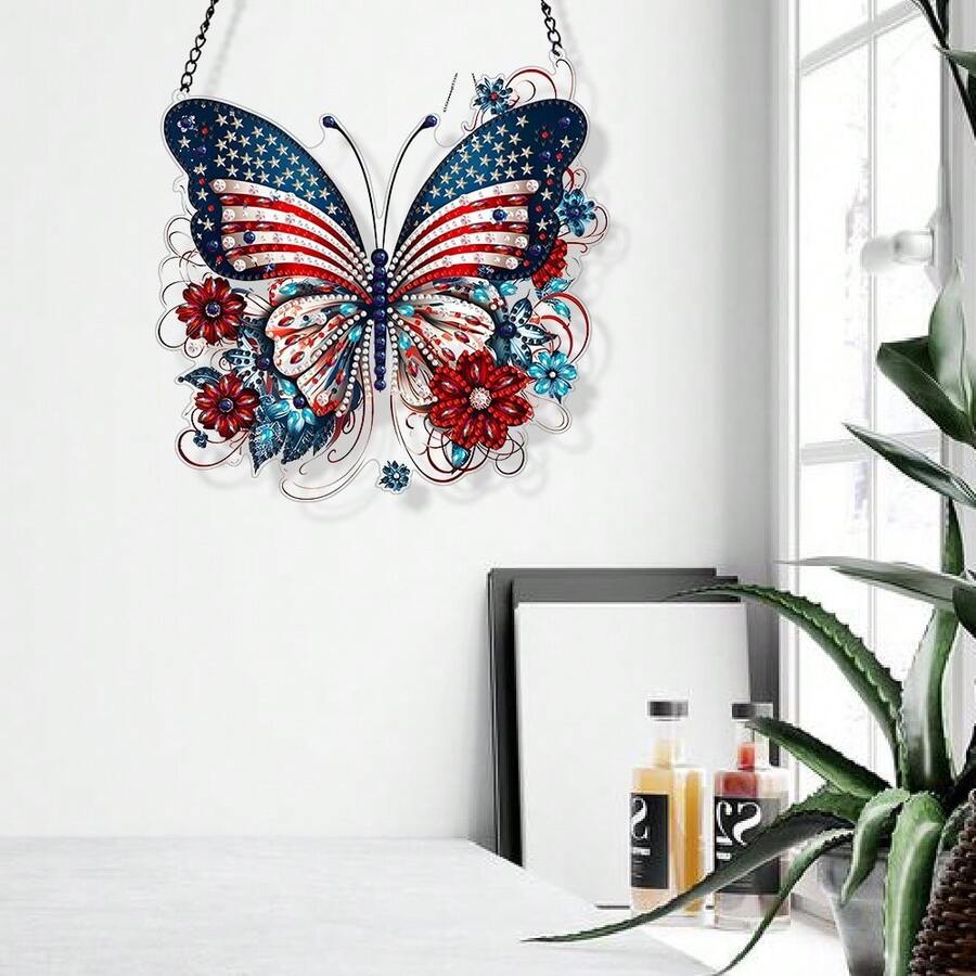 1pc Patriotic Butterfly Diamond Painting Kit - 3D Asymmetrical Diamond Art Wall Decor, PVC Material, God Bless America Hanging Art, Home & Garden Decor Gift