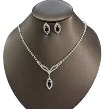 1 套方晶锆石流苏项链和耳环首饰套装，新娘婚礼配饰 - 黑色 - 查看 3