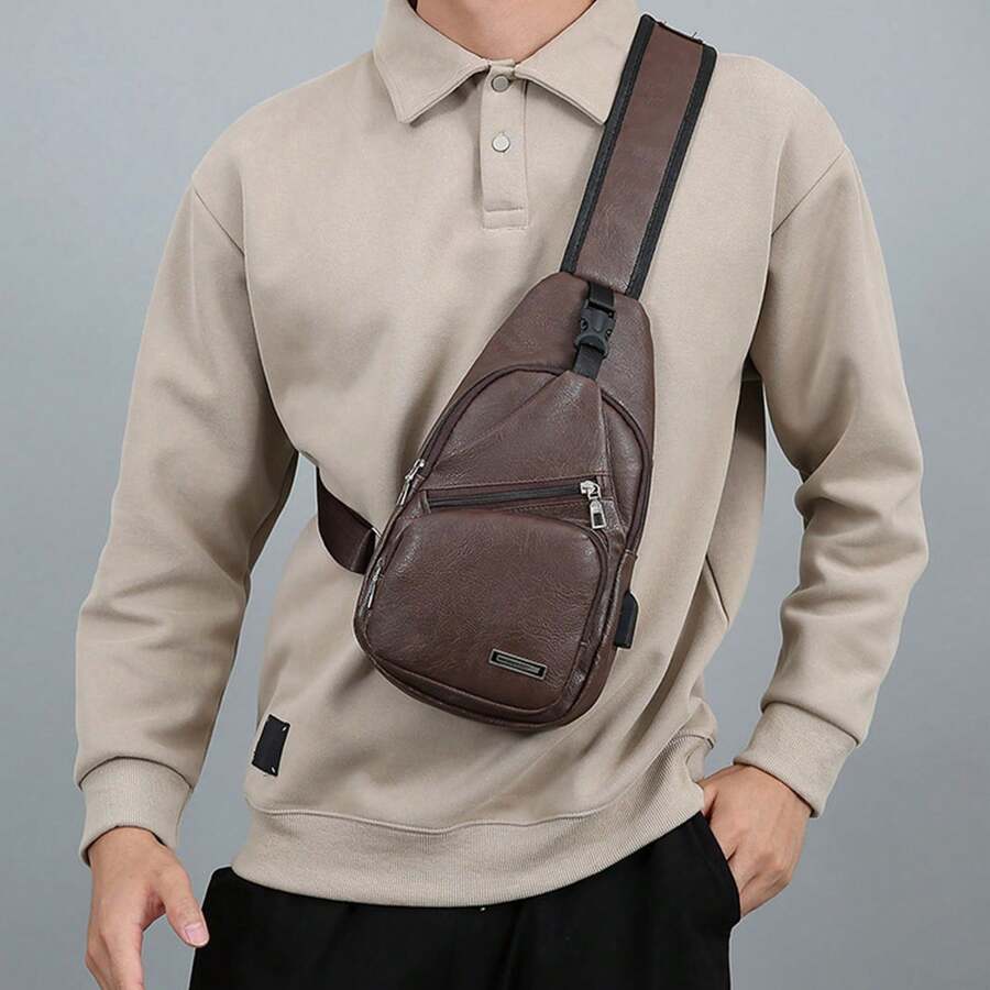 Men's Sling Bag With USB Charge Port - Stylish Multi-Way Shoulder Bag With Large Capacity, 4 Compartments For Organized Storage, Adjustable Strap For Hiking, Gym, Travel Everyday Carry, Secure Sports Backpack For Men Teens - màu nâu - Xem 1