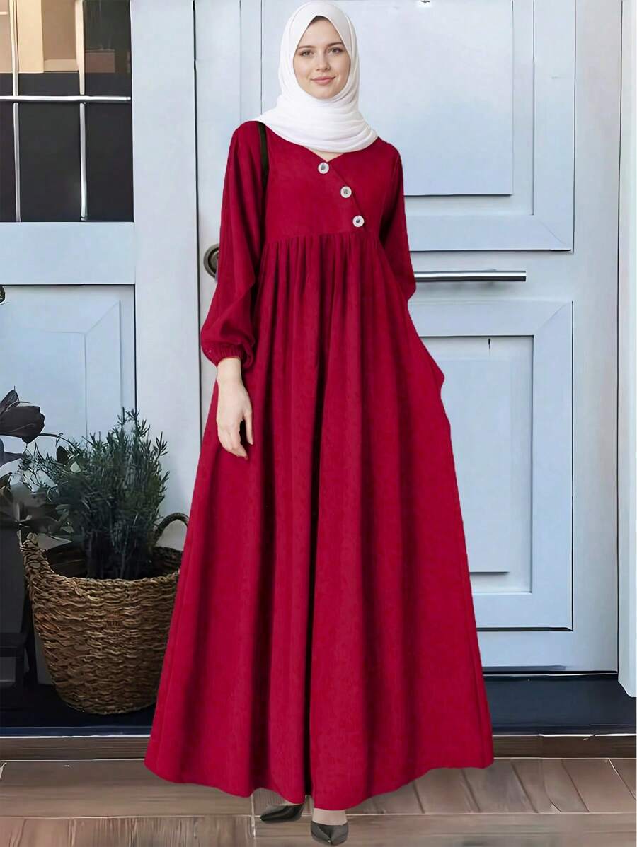 Women's Elegant Casual Solid Color Button Design Pleated Lantern Sleeve Long Dress, Casual Chic Cute Arabic Style Maxi Dress For Spring/Summer/Autumn/Winter