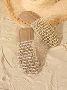 Women's Rope Strap Peep Toe Flat Sandals, Breathable Woven Slip-On Sandals, Solid Color Vacation Fabric Net Splicing Beach Party Indoor/Outdoor Sandals, Spring/Summer - Gold - View 6