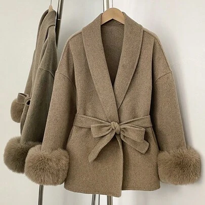 OFTBUY Solid Color Long Sleeve Loose Waist Belt Faux Fur Patchwork Wool Blend Jacket, Casual Street Style For Autumn/Winter & Holidays