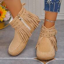 New Women's Casual Outdoor Sports Tassel Ankle Boots, Versatile And Lightweight / Zipper Closure, Round Toe Flat Sole And Decorative Studs - Caramel Brown Winter Boots - - 灰色 - 查看 5