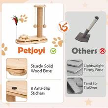 1 Piece Solid Wood Cat Tree, Natural Style With Scratching Post, Scratcher & Teaser Wand All-In-One Design For Cats' Home Self-Entertainment & Claw Grinding - Multicolor - View 7