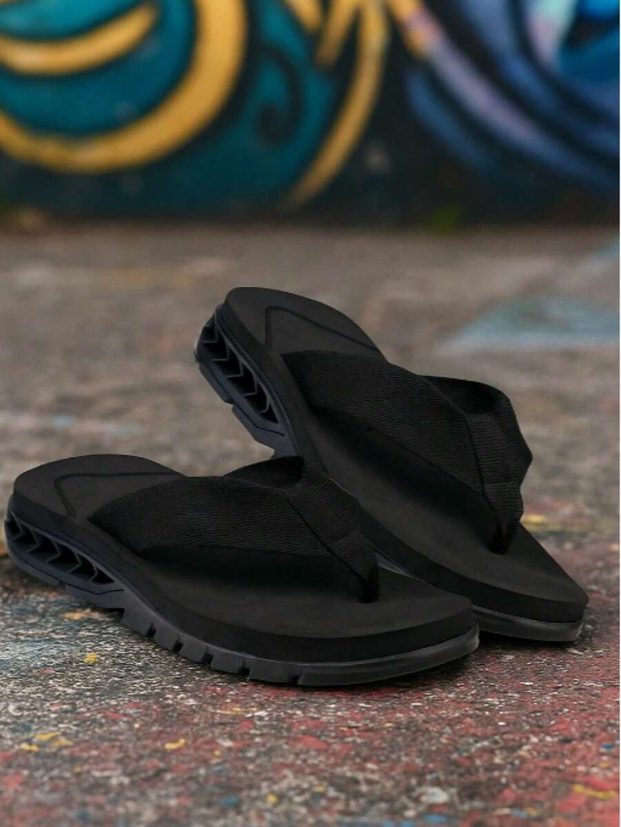 Men's Street Flip Flops, Soft Insole, Durable Sole, Urban Colors, Sizes 37 To 44, Comfortable - Black + Black - View 1