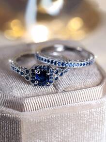 1件套時尚和耀眼藍晶方晶鋯石首飾套裝作為A禮品適用於女性約會,訂婚或者婚禮 - 寶藍色 - 查看 9