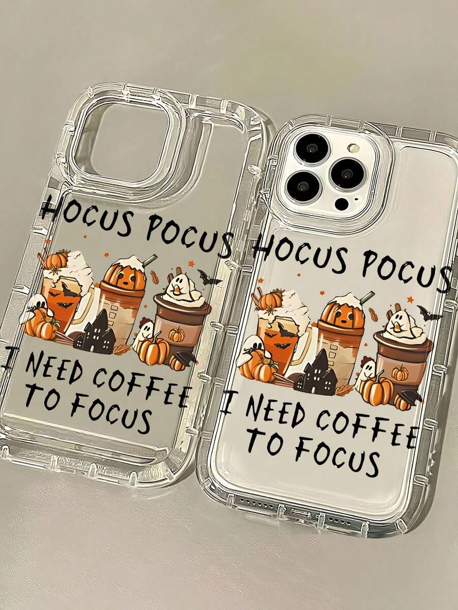 Large Hole Transparent Halloween Coffee Pattern UV Printing Phone Case Suitable For IPhone 16/16Plus/16Pro/16ProMax 13/13Pro/13ProMax 12/12Pro/12ProMax 11/11Pro/11Pro Max 7/8 X/Xs - 透明 - 查看 1