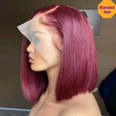 勃艮第直发鲍勃假发 200% 密度 13x4 高清耳到耳蕾丝前假发 女士透明 13*4 蕾丝前假发 预拔预漂白结 耐热纤维合成混合人发混合假发带婴儿头发 红色 99j 8-36 英寸 适合日常、派对和万圣节角色扮演