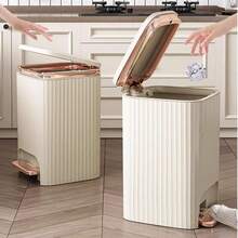 Senmeo [Light Luxury Style Dual-Opening Trash Can], 14L Large Capacity, Hand-Press + Foot-Pedal Dual Opening, Cream Yellow + Rose Gold, Household Storage Bin - 奶油黃+玫瑰金 - 查看 5